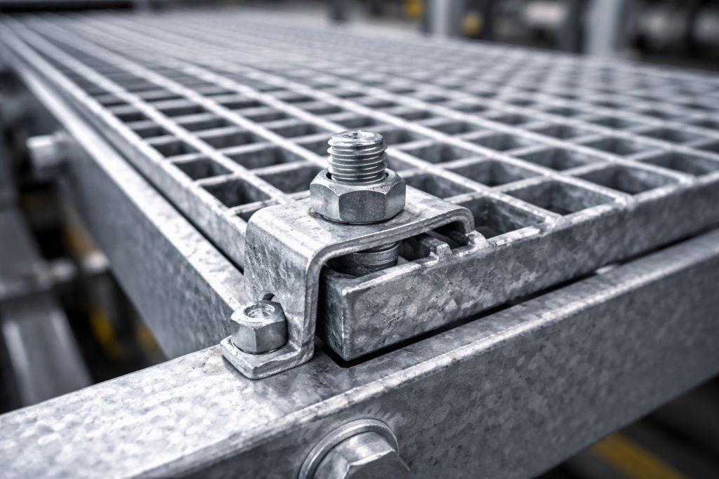 Close-up of hot-dip galvanized steel grating clamps fixing metal floor grating on an industrial platform, realistic lighting, metallic texture, high detail, industrial environment, shallow depth of field, no text
