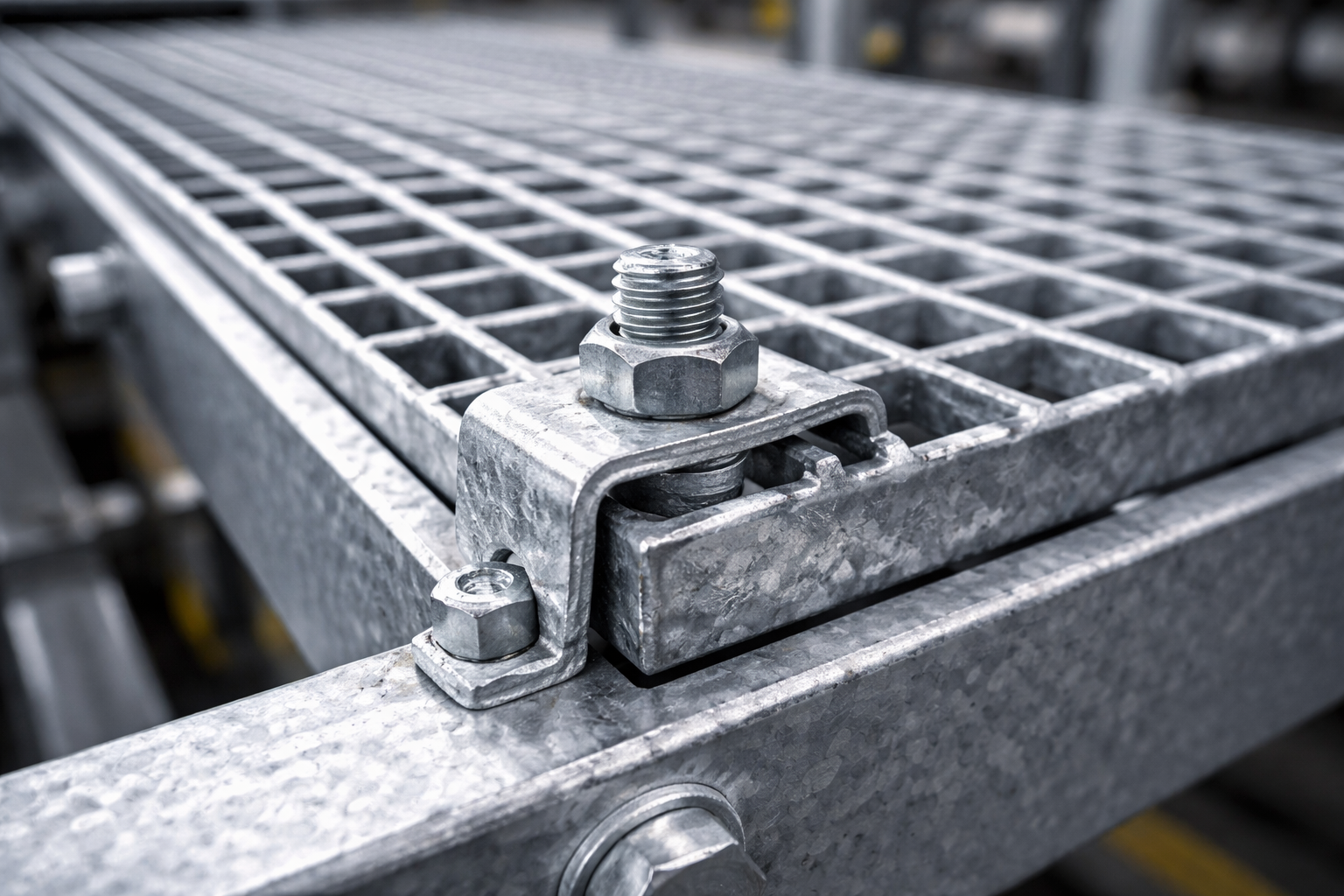 Close-up of hot-dip galvanized steel grating clamps fixing metal floor grating on an industrial platform, realistic lighting, metallic texture, high detail, industrial environment, shallow depth of field, no text